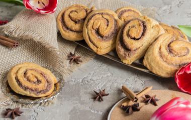 Rolls puff pastry with cinnamon and sugar, flowers