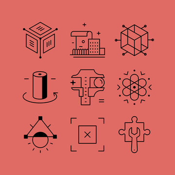 Set Of Line Vectors Icons In The Flat Style. Structural Engineering, Creative Technology, 3D Design.