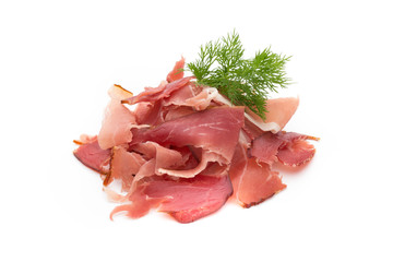 Slices of ham on white background.