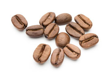Coffee beans isolated on white background, closeup, macro
