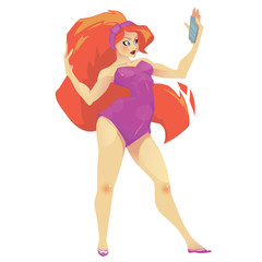 Portrait of a young attractive woman making selfie photo on smartphone isolated on a white background. Vector Illustration, Graphic Design Editable For Your Design