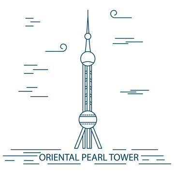Oriental pearl tv tower, Shanghai. Trendy illustration, line art style. 