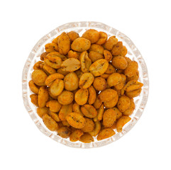 Top view of a bowl of hot and spicy peanuts isolated on a white background.
