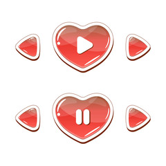 Heart buttons set, vector kit for web or mobile player. Isolated on white background