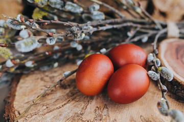 Easter eggs on a wooden background with branch of willow