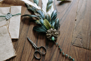 hairpin feather, vintage scissors, pins, parchment envelope with