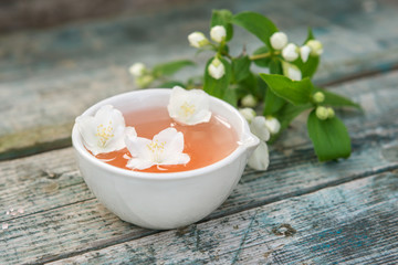 Spa and wellness setting with sea salt, oil essence, jasmin flow