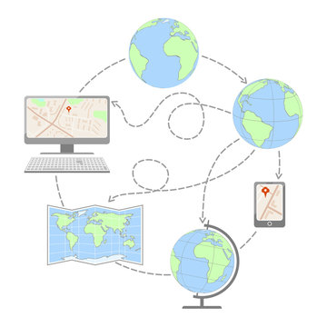 Process of creating maps. Globe, map, computer. Vector illustration