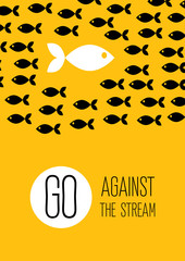 fish swims against the stream. Creative yellow flat poster.