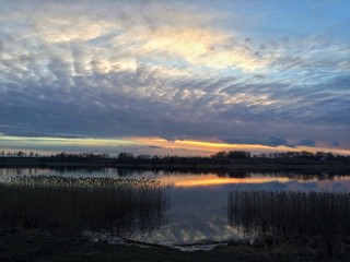 Beautiful sunset sky over lake