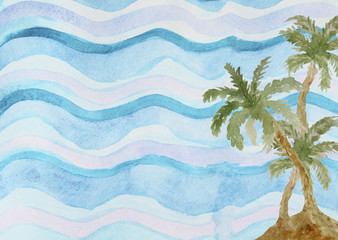 Fototapeta na wymiar Abstract watercolor background with green sea palms