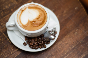 Delicious espresso coffee on the wooden table