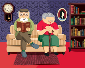 Grandfather and grandmother sitting on the couch and reading a book. Cartoon vector illustration.