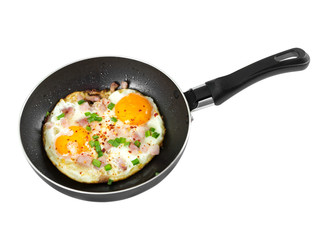 Fried eggs with ham and onion in pan