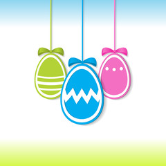 Easter background with three hanging colorful Easter Eggs. Vector illustration.