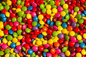 Close up of a pile of colorful chocolate coated candy