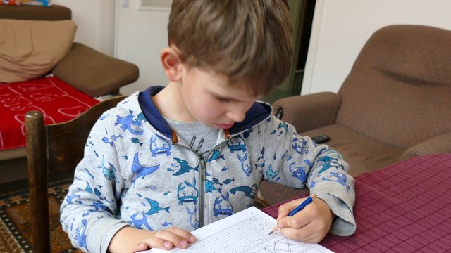 Boy of five years writing in a notebook with his left hand.