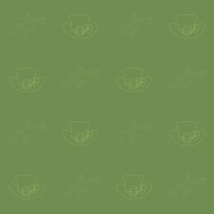 Green hat with clover leaves, the inscription St. Patrick's Day on dark green outlines. Symmetric texture, background, vector