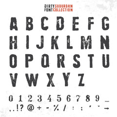 Grungy rubber stamp font. Vector alphabet with numbers and symbols.