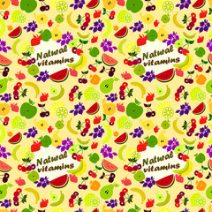 Pattern natural vitamins/colourful fruits and berries on the sand background