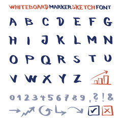 Whiteboard marker sketch font. Vector alphabet with numbers and symbols.