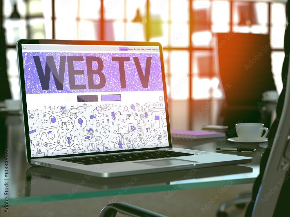 Poster modern workplace with laptop showing landing page in doodle design style with text web tv. toned ima