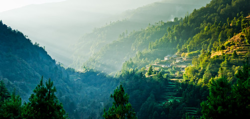 Sunrise in Himalayas village 