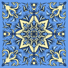 Fototapeta na wymiar Hand drawing tile pattern in blue and yellow colors. Italian majolica style.