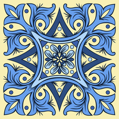 Hand drawing tile pattern in  blue and yellow colors. Italian majolica style.