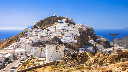 Serifos island, view of Chora village and windmills. Greece, Cyclades - obrazy, fototapety, plakaty