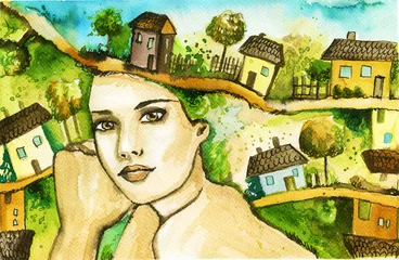 Poster de jardin Inspiration picturale portrait à l& 39 aquarelle d& 39 une femme