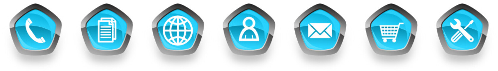 blue glossy pentagon vector icons set