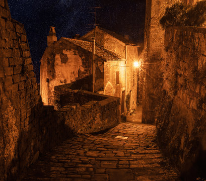 Street Of Ancient Medieval Tuff City Sorano At Night  - Travel European Background