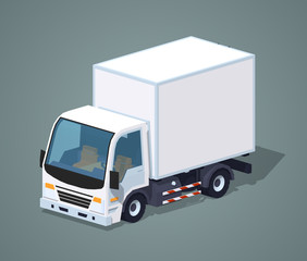 White cargo truck against the grey background. 3D lowpoly isometric vector illustration