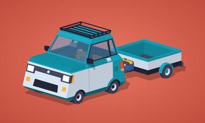Blue compact car with the trailer against the red background. 3D lowpoly isometric vector illustration
