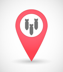 Map mark icon with three bombs falling