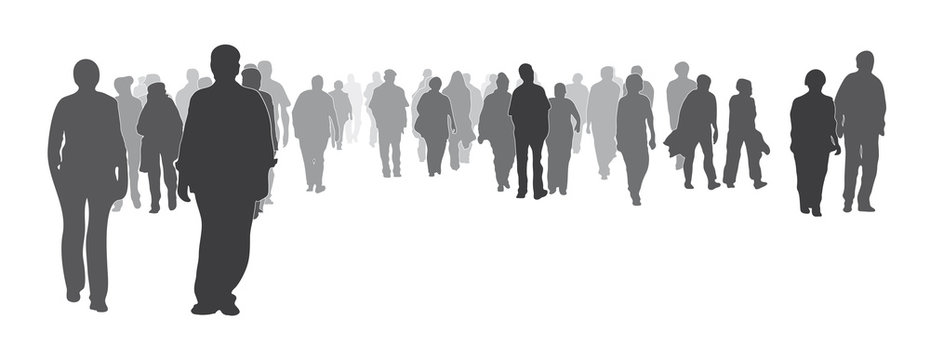 Silhouette, gemischte Menschengruppe frontal, Menschenmenge, gro&szlig;e Gruppe von Menschen geht vorw&auml;rts, Gemeinschaft, Zusammenhalt, Werte, anonym, St&auml;rke zeigen, Solidarit&auml;t, Integration, Demonstration