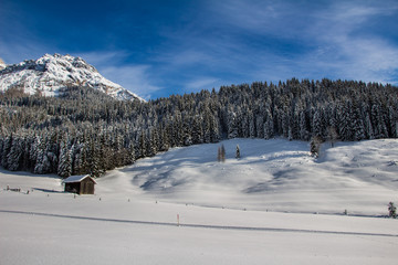 Fototapeta na wymiar Verschneite Winterlandschaft in den Bergen, schneebedeckte Bäume und Stadel