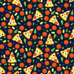 Seamless pattern of pizza slices with ingredients