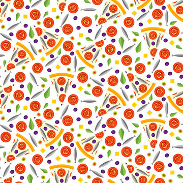 Seamless Pattern Of Pizza Slices With Ingredients