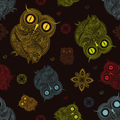 Naklejka premium Seamless pattern from ornamental color owl with flowers and mandala. African, indian, totem, tattoo design. It may be used for design of a t-shirt, bag, postcard, a poster and so on.