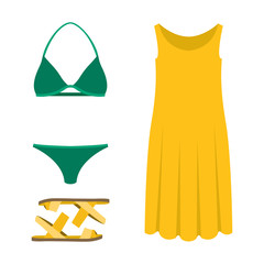 Set of trendy women's clothes. Outfit of woman swimsuit, dress and accessories. Women's wardrobe. Vector illustration
