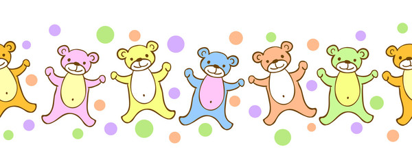 Seamless kids border pattern with funny coloful teddy-bears and dots. Childs cartoon illustrtion in vector.