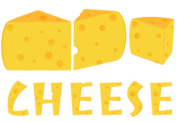 Three pieces of cheese, isolated objects on the white background with text