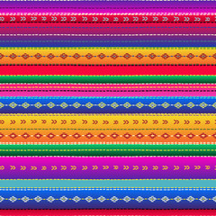 Naklejki  Bezszwowe etniczne meksykańskie tkaniny wzór w kolorowe paski. Powtórz proste niebieskie, czerwone, zielone, żółte, fioletowe paski tekstura tło wektor.