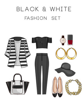 Fashion set of woman s clothes and accessories Black and white
