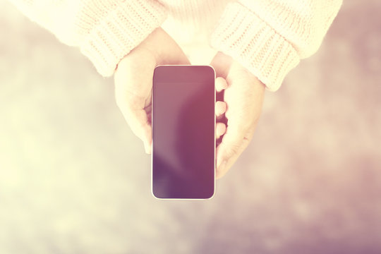 Woman Hands With Blank Black Cell Phone Screen, Mock Up