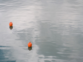 Lapping waves and orange buoys.