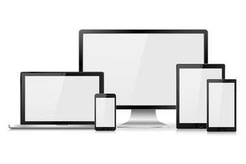 Set of realistic computer monitor, laptop, tablet and mobile phone with empty white screen. Various modern electronic gadget isolated on white background. Vector illustration EPS10