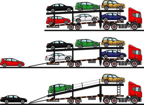 Set of auto transporters isolated on white background in flat style in different positions. Vector illustration.